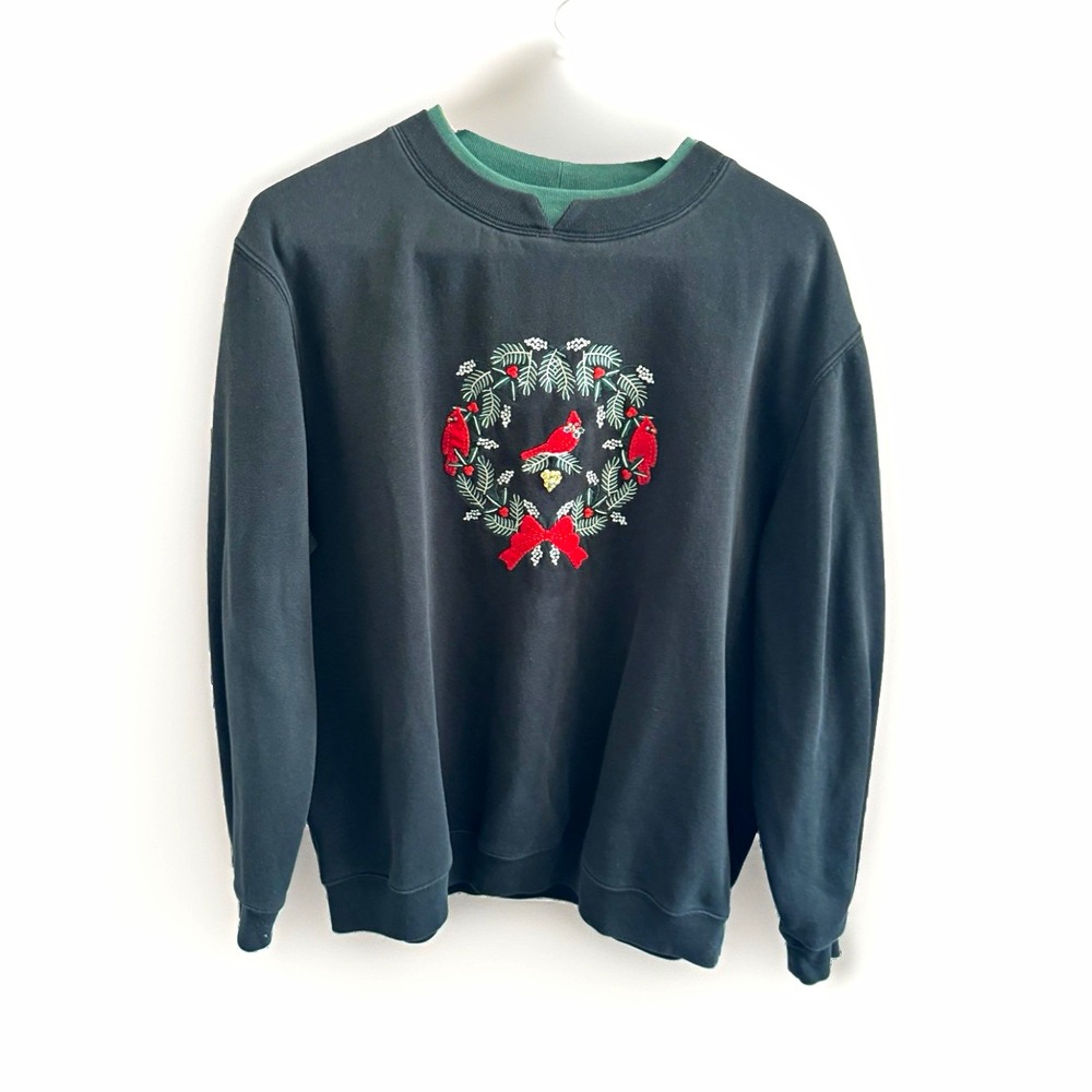 Baxter & Wells Womens 2X Black Fleece Crewneck Sweatshirt Embroidered Christmas